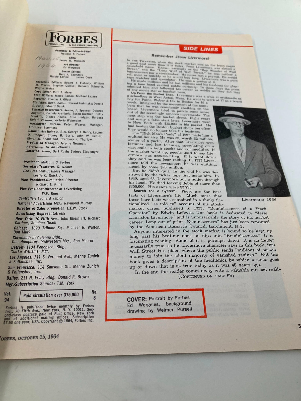 Inside page of VTG Forbes Magazine October 15 1964 displaying editorial content, publisher details, and a portrait cover announcement.