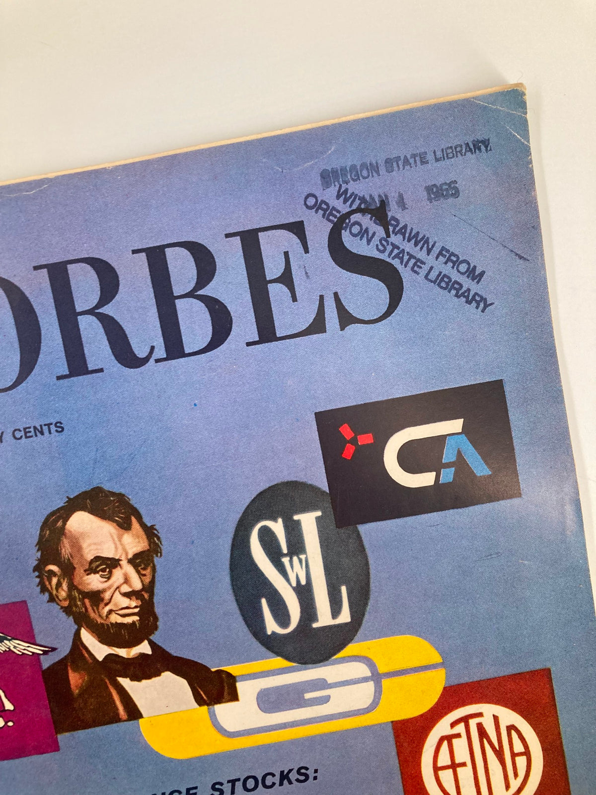 Close-up view of the cover of VTG Forbes Magazine April 15 1964, highlighting the magazine title and a stamped mark from the Oregon State Library.