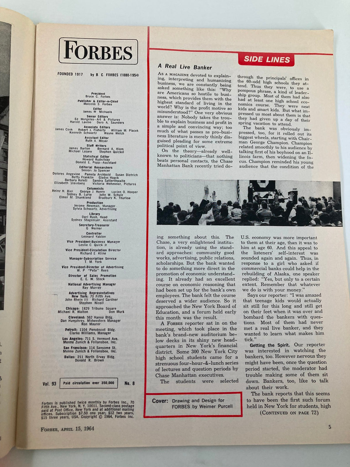 Inside page of VTG Forbes Magazine April 15 1964, displaying the table of contents and an article titled 'A Real Live Banker' published by the magazine.