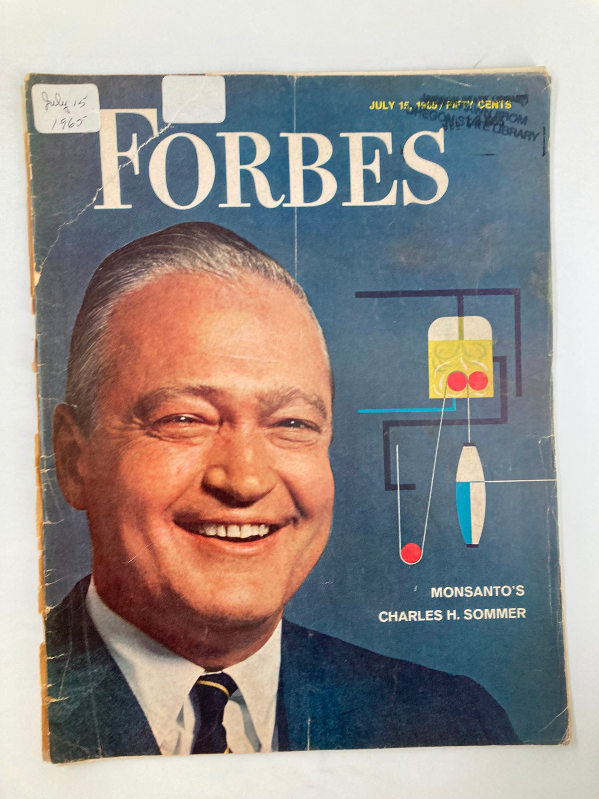 VTG Forbes Magazine July 15 1965 featuring Monsanto's Charles H. Sommer on the cover, showcasing a vintage design with vibrant colors and minor wear.