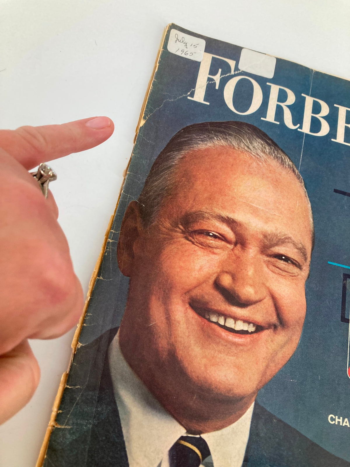 Close-up of the VTG Forbes Magazine July 15 1965 cover, focusing on the date and condition, displaying the charismatic smile of Monsanto's Charles H. Sommer.