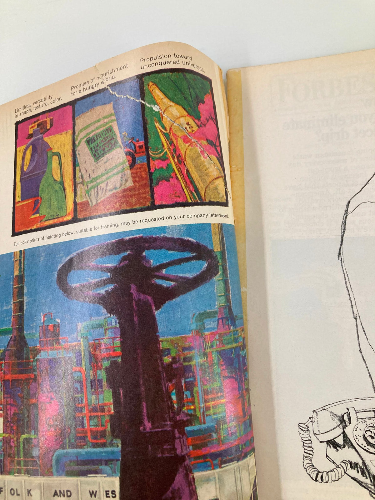 Interior pages of VTG Forbes Magazine July 15 1965 showcasing colorful advertisements and illustrations related to Monsanto and corporate culture.