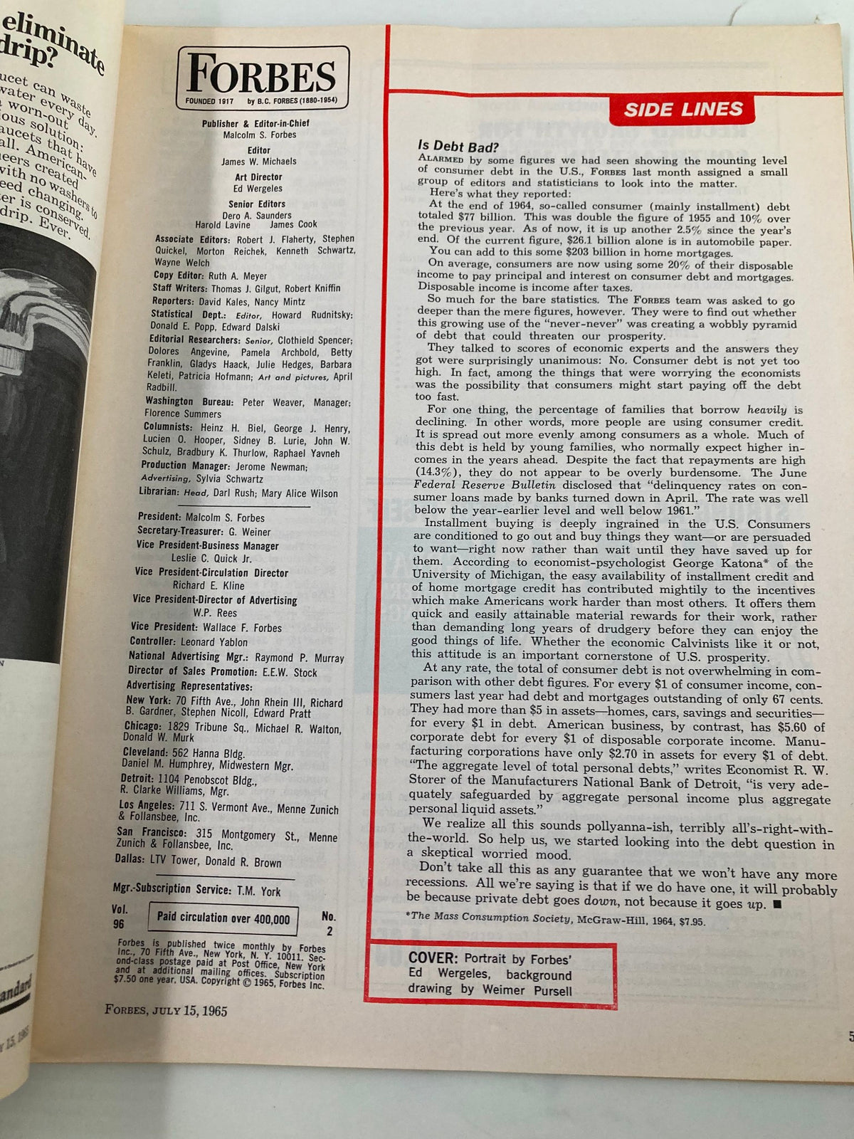 Editorial page from VTG Forbes Magazine July 15 1965 featuring article headings, publisher details, and insights into the economic landscape of the era.