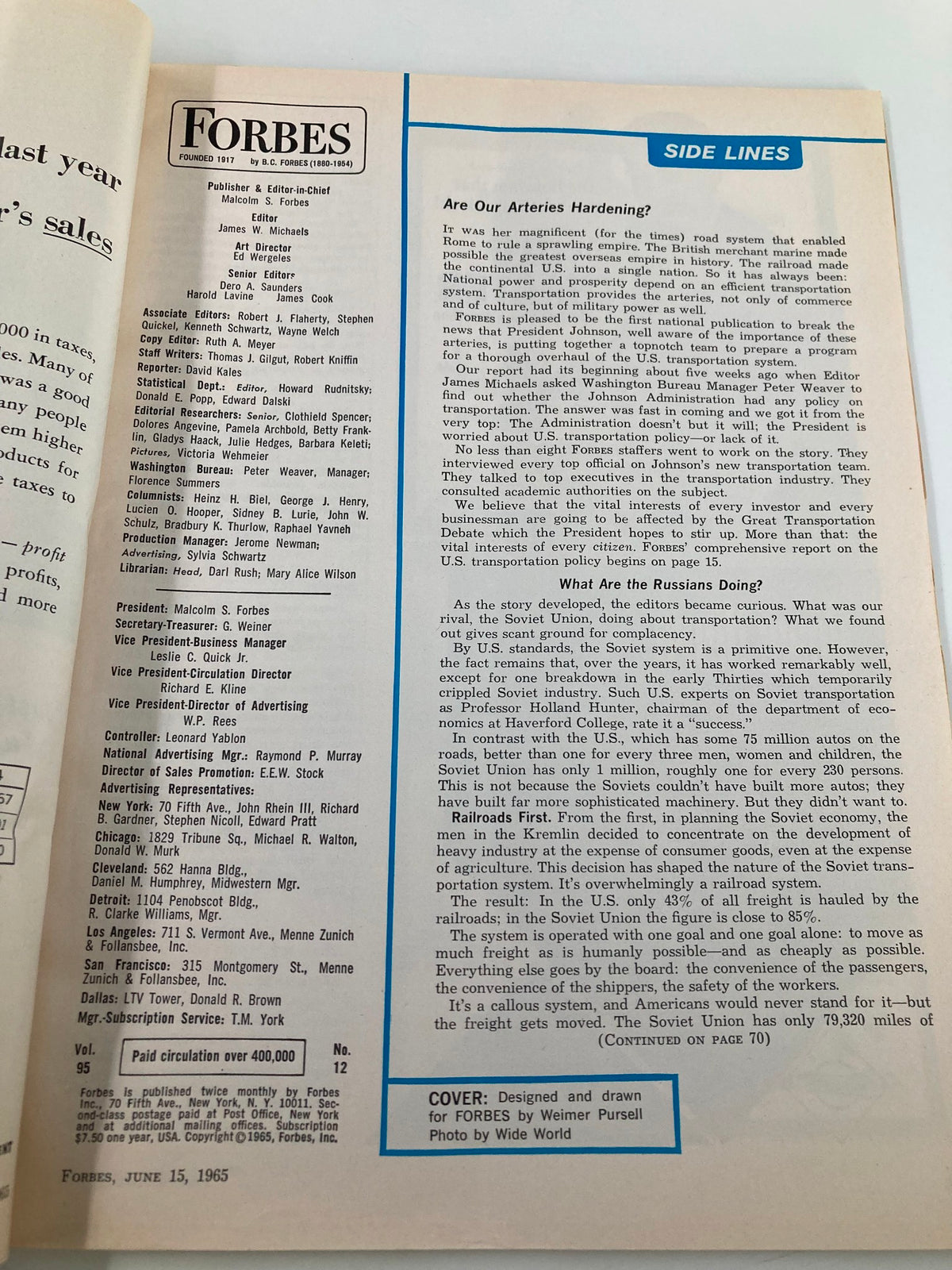 Interior page of the Vintage Forbes Magazine from June 15, 1965. Featuring details about the magazine's publications, editors, and contributions, reflecting the publishing style of the era.