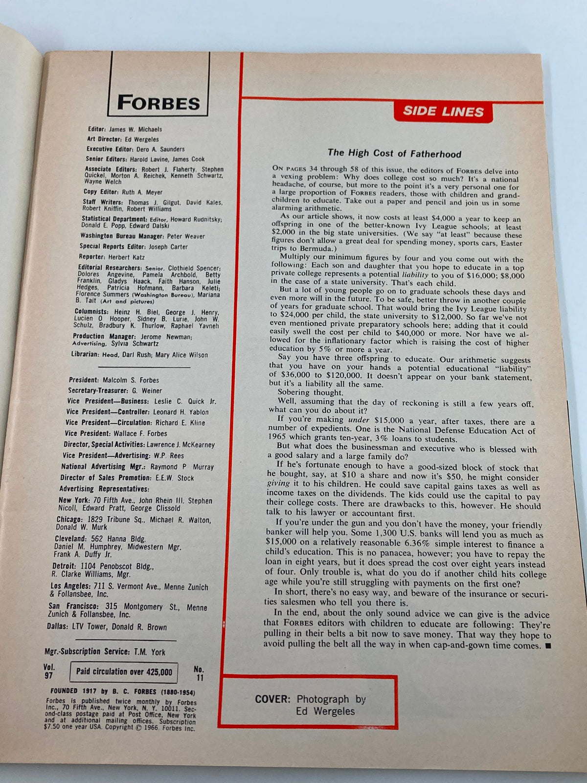 Forbes Magazine June 1 1966, featuring an article on the high cost of education, showcasing magazine interior with editorial staff information and details on educational expenses during the 1960s.