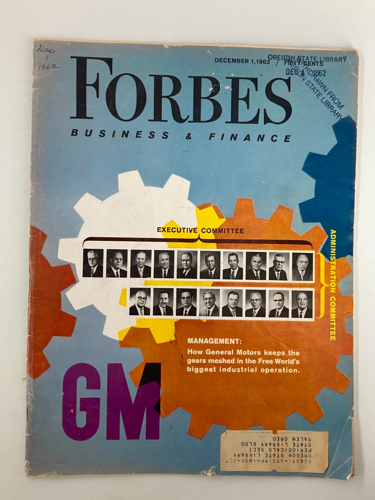 Cover of VTG Forbes Magazine from December 1, 1962, featuring the title 'FORBES BUSINESS & FINANCE' and a colorful design with the heading 'Executive Committee' and a segment on General Motors.