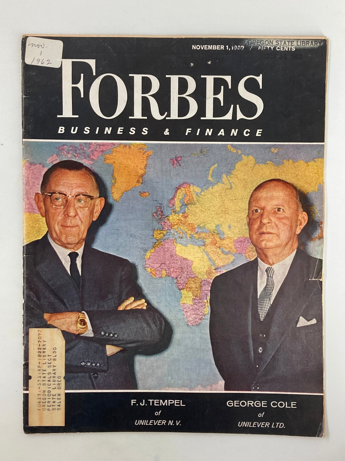 Cover of VTG Forbes Magazine from November 1, 1962 featuring F.J. Tempel of Unilever N.V. and George Cole of Unilever Ltd., showcasing a vintage look at business and finance.