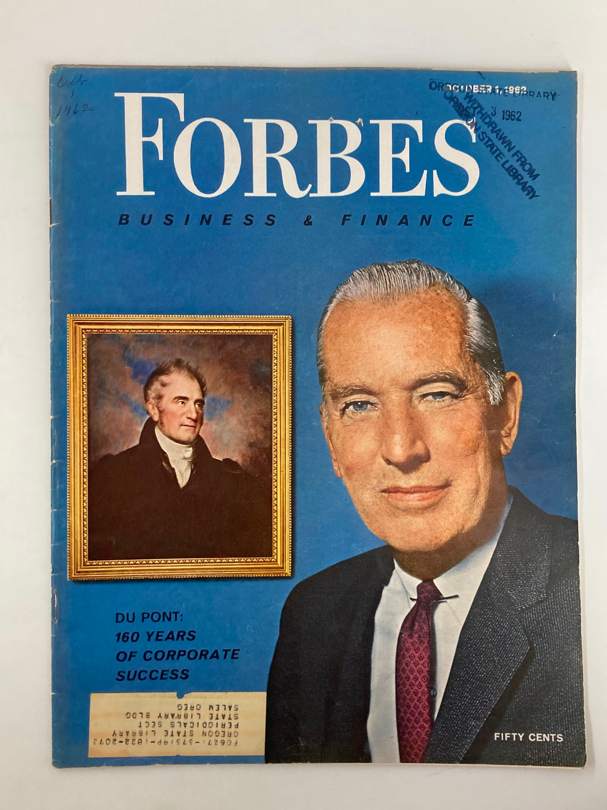Cover of VTG Forbes Magazine October 1, 1962 featuring Du Pont 160 Years of Corporate Success, highlighting traditional corporate themes and notable figures.