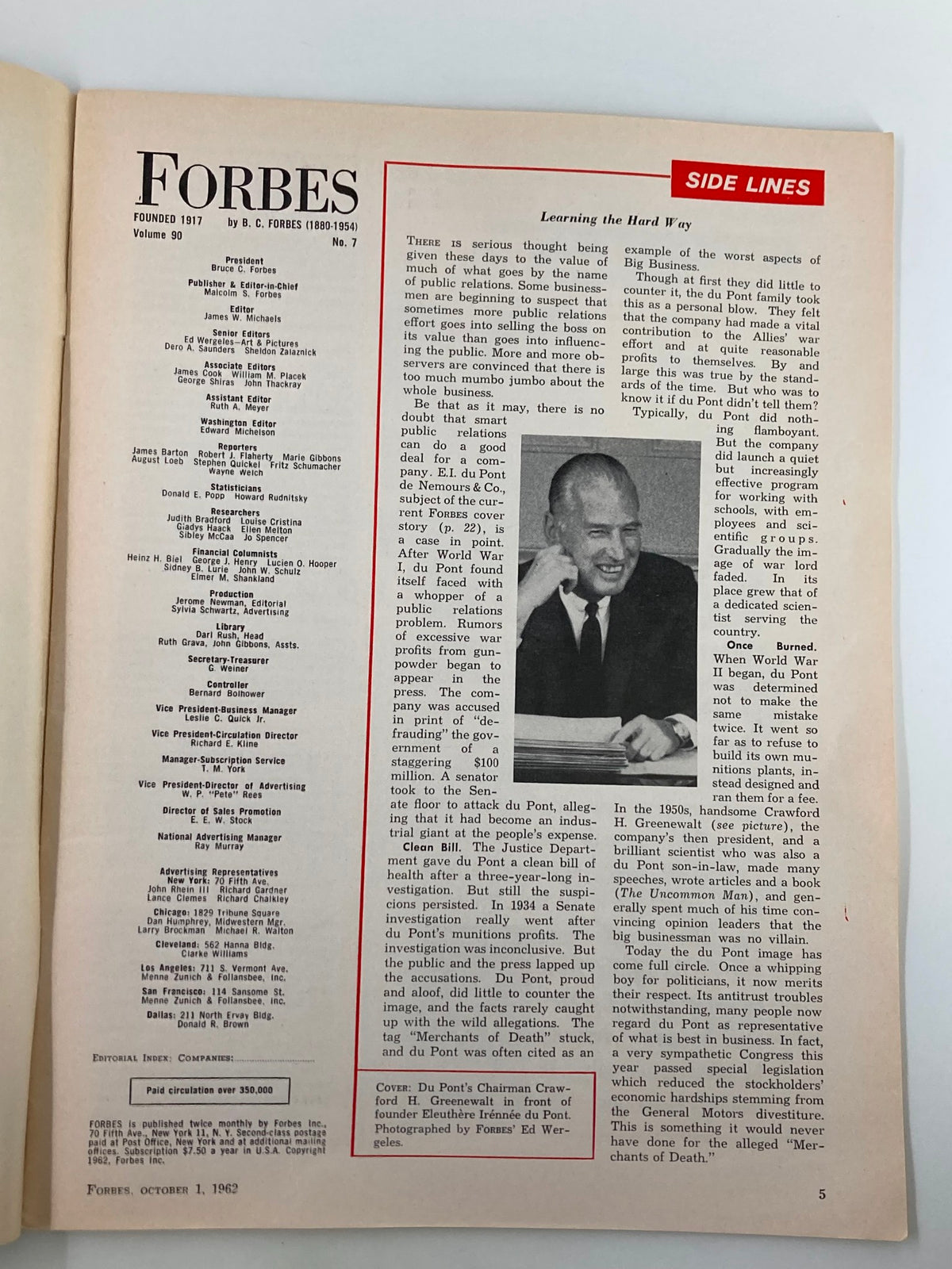 Page from VTG Forbes Magazine October 1 1962 featuring articles about Du Pont and its corporate strategies celebrating 160 years of corporate success. The image includes the magazine's editorial staff and an overview of content focusing on public relations in business.