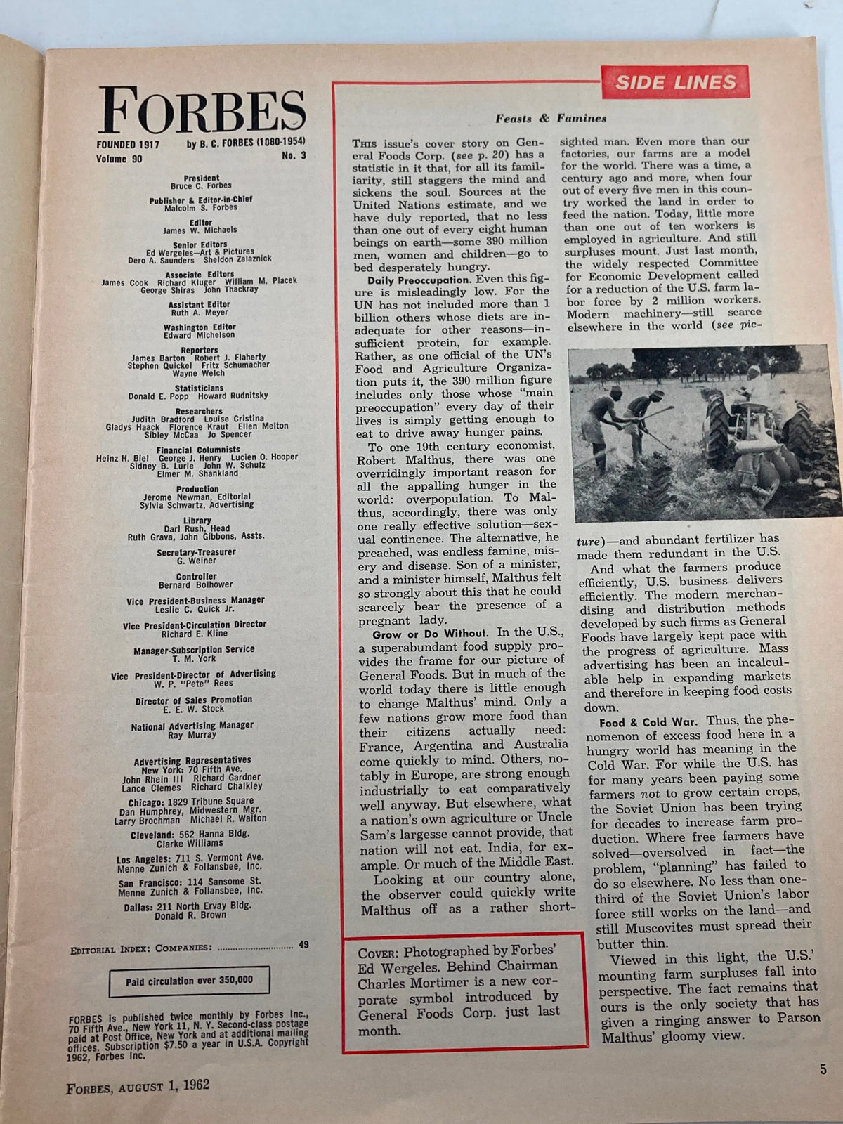 Interior page of VTG Forbes Magazine from August 1, 1962, detailing articles on General Foods and business trends.