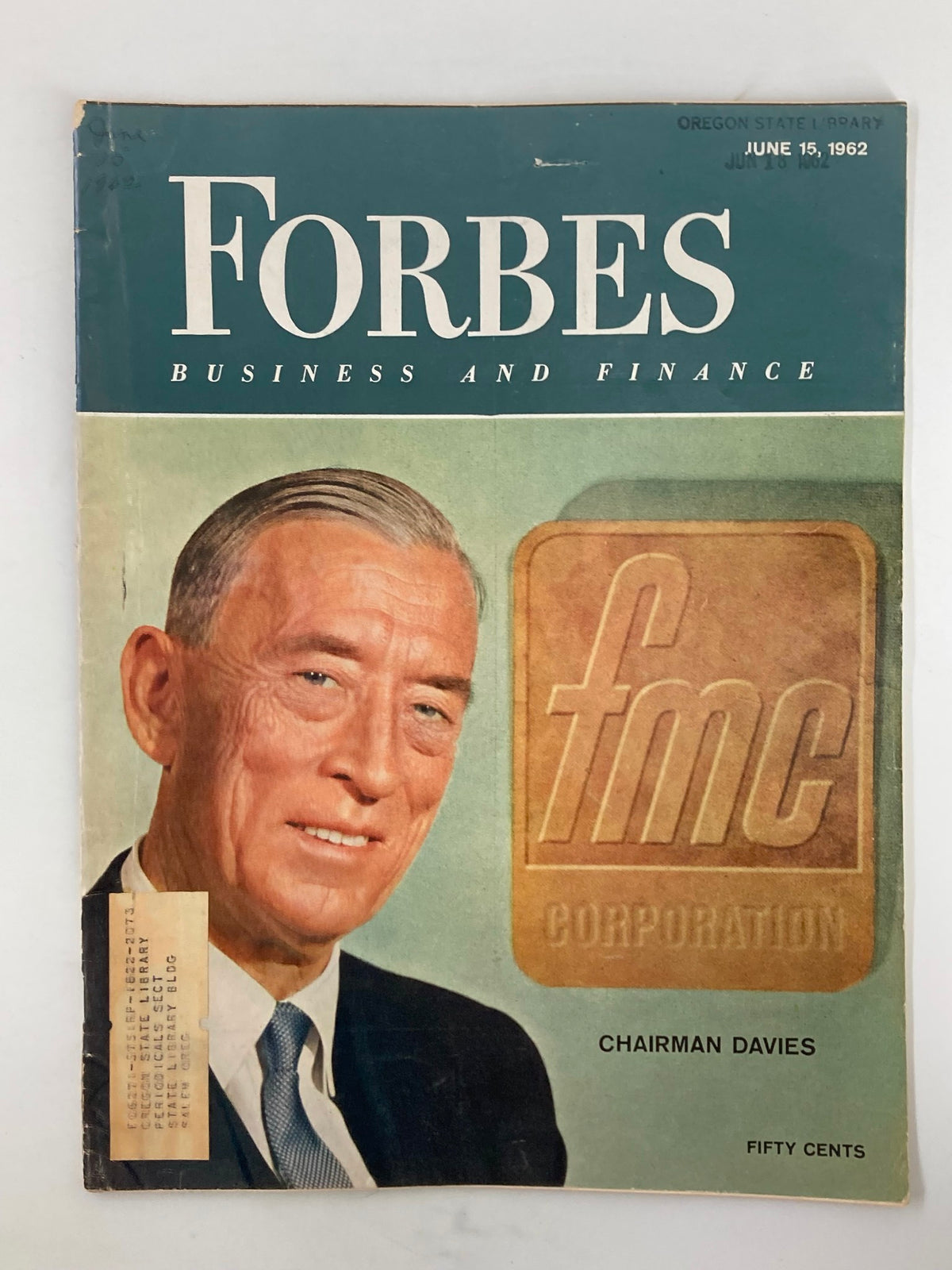 Forbes Magazine June 15 1962 cover featuring FMC Corporation's Chairman Paul Davies, showcasing vintage business insights and a unique collectible appeal.