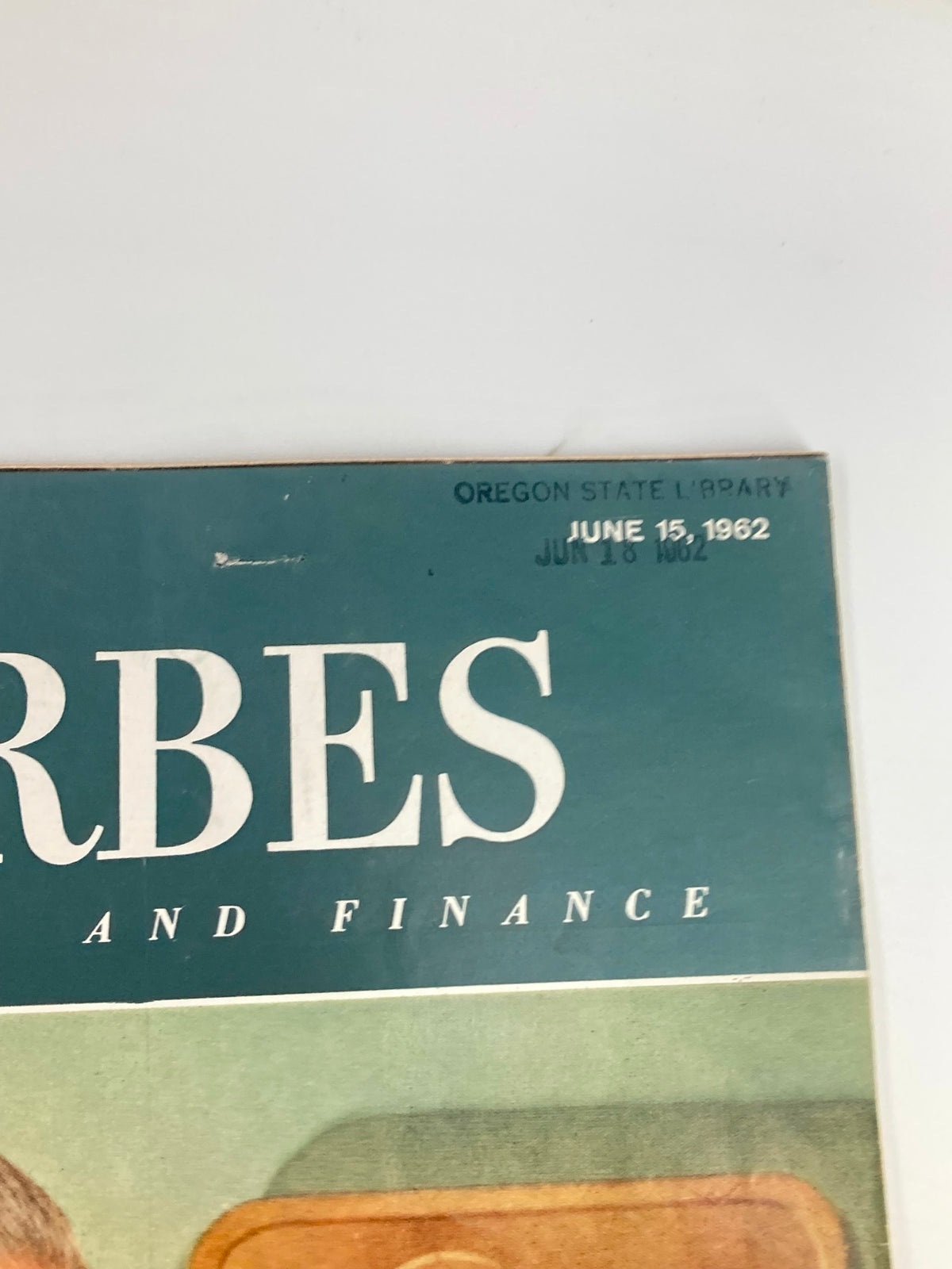 Close-up of the June 15 1962 Forbes Magazine cover, displaying publication date and library stamp, highlighting its historical significance.