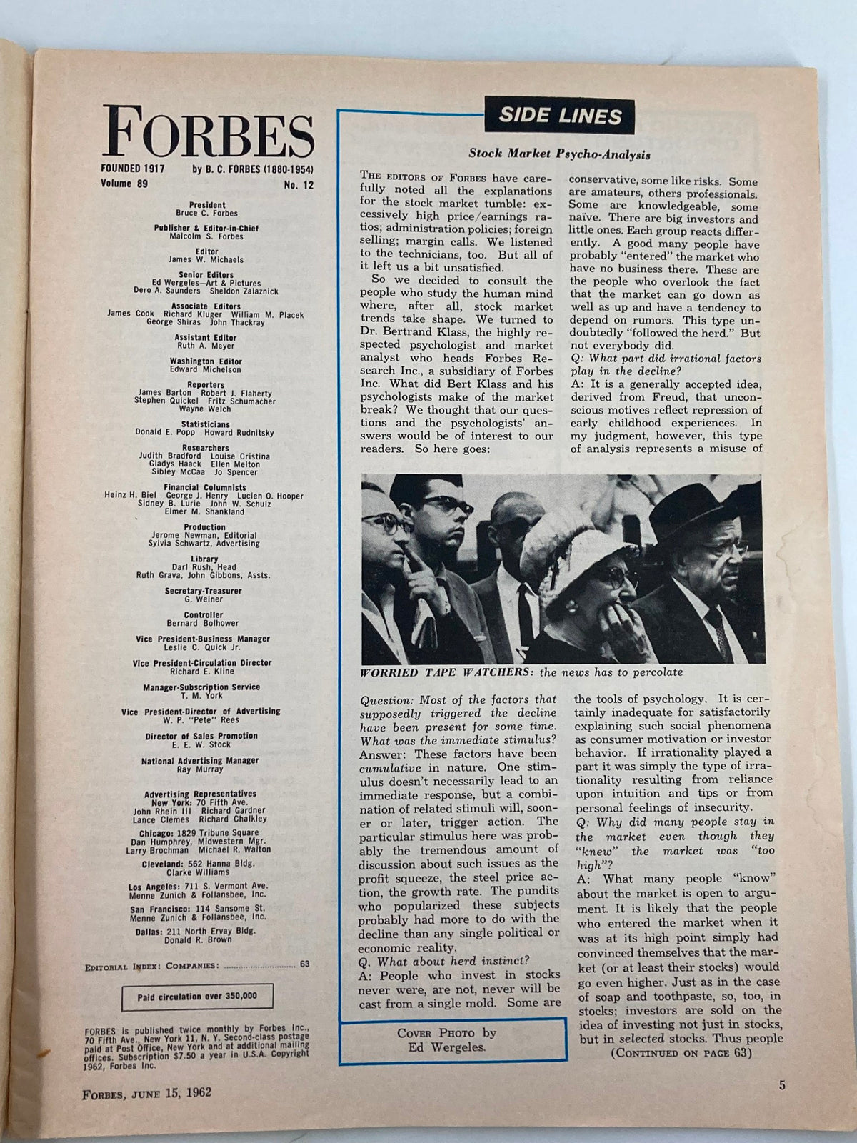 Inside page of Forbes Magazine from June 15, 1962, featuring articles on stock market analysis and insights into economic trends. The issue highlights FMC Corporation's Chairman Paul Davies on the cover.