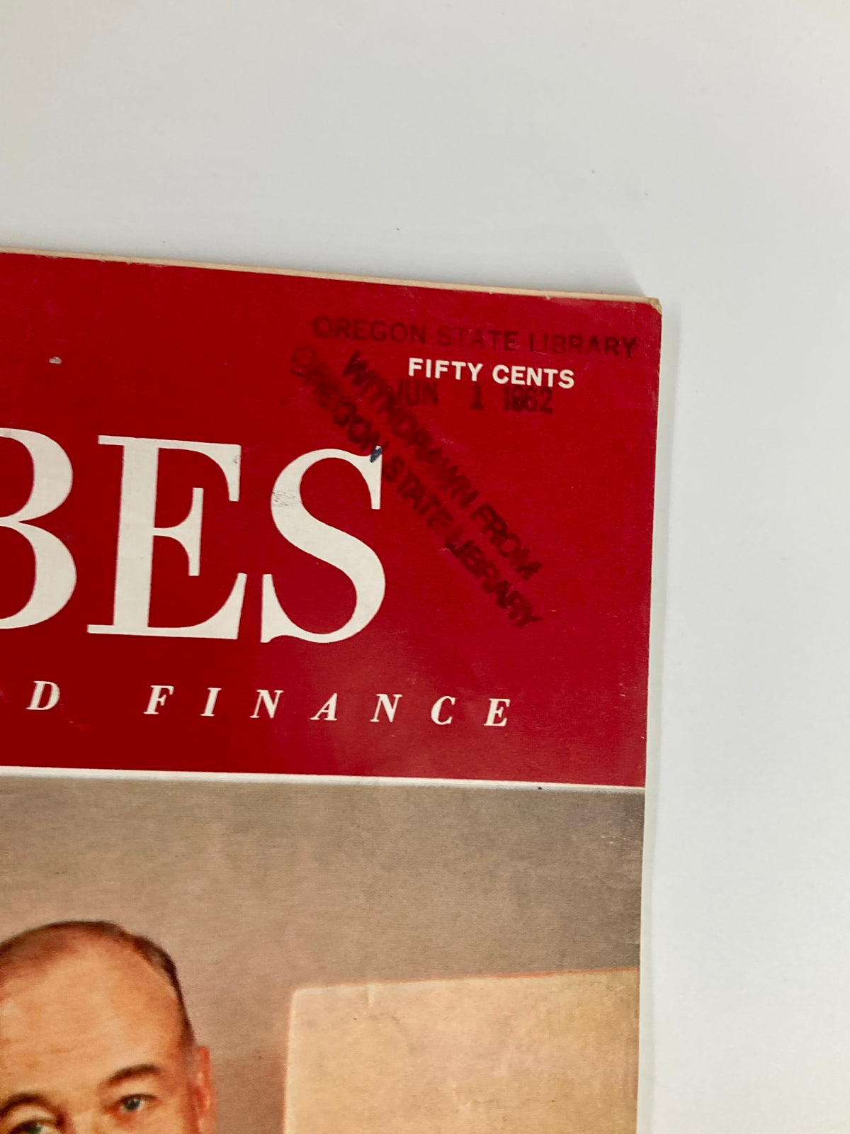 Close-up of the top section of VTG Forbes Magazine June 1, 1962 showing Oregon State Library stamp and price detail.