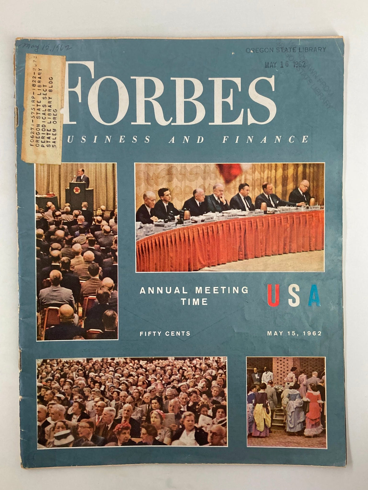 Cover of VTG Forbes Magazine May 15 1962 featuring the Annual Meeting of Time USA, showcasing business and finance themes, with images from the event and details like Fifty Cents.