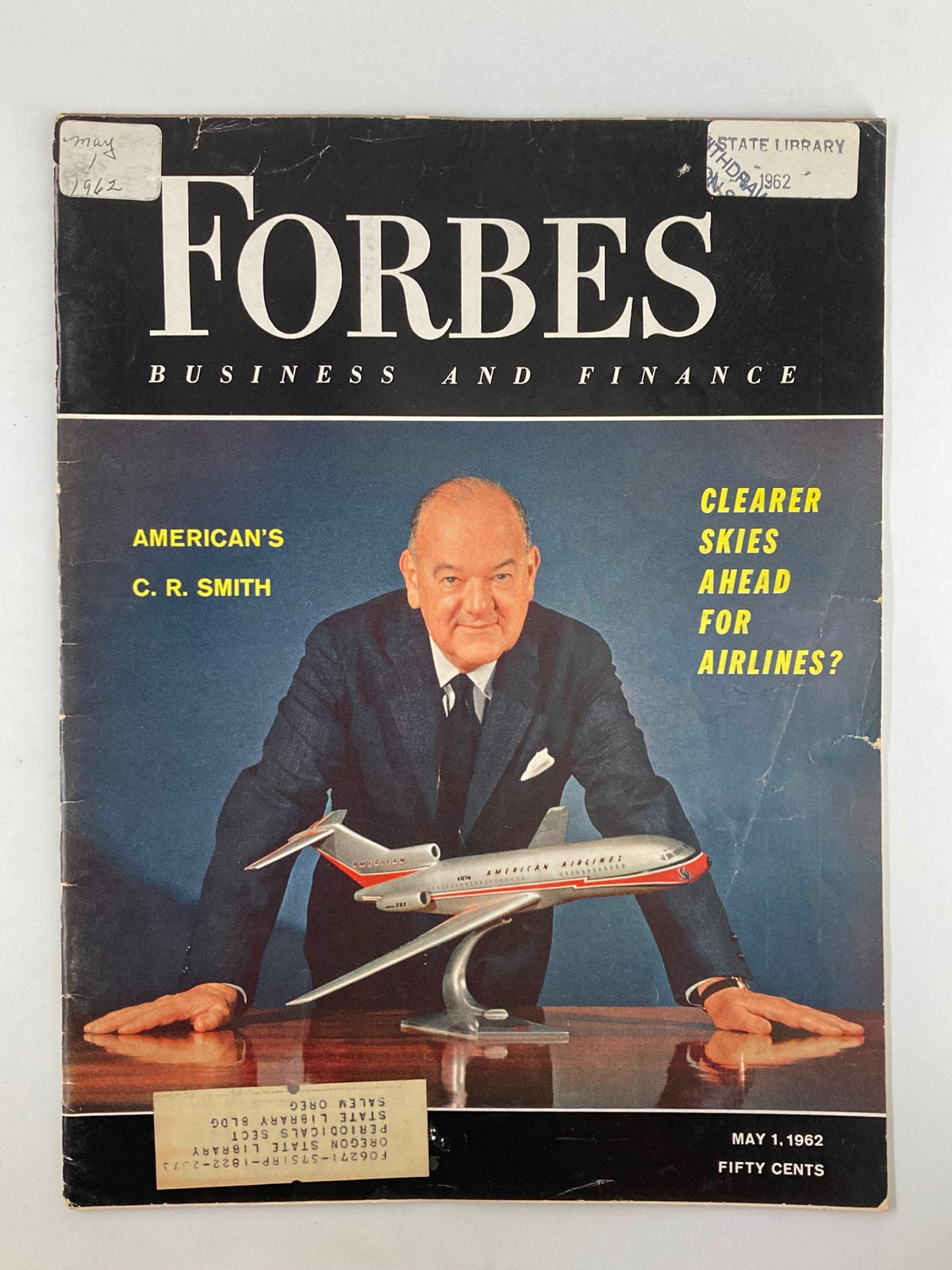 Cover of VTG Forbes Magazine May 1 1962 featuring American's C.R. Smith with a model airplane and the headline 'Clearer Skies Ahead for Airlines?' showcasing historical aviation themes.