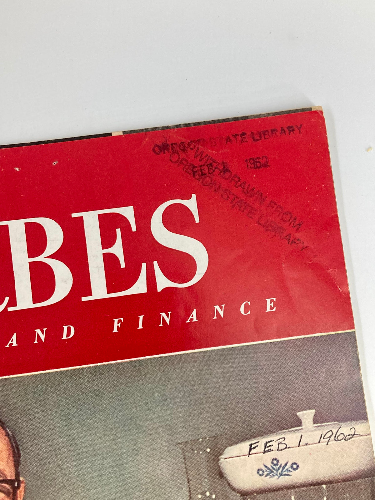 Cover corner of the VTG Forbes Magazine February 1 1962 featuring a label from Oregon State Library, showcasing a vintage appeal.