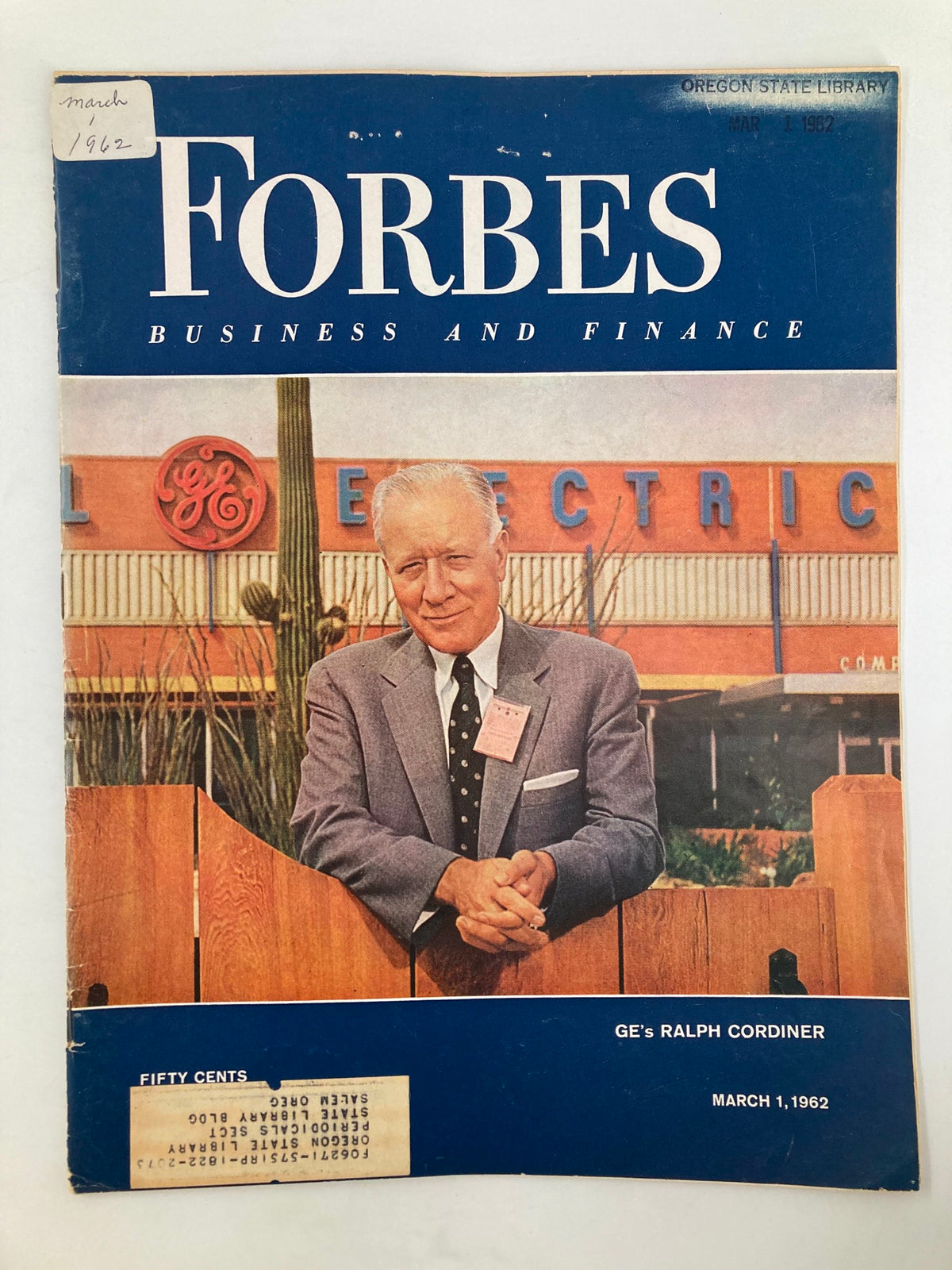 Cover of Forbes Magazine dated March 1, 1962, featuring GE Electric's Ralph Cordiner with a promotional backdrop. The magazine showcases vintage business themes and serves as a collector's item representing the dynamic era of entrepreneurship.