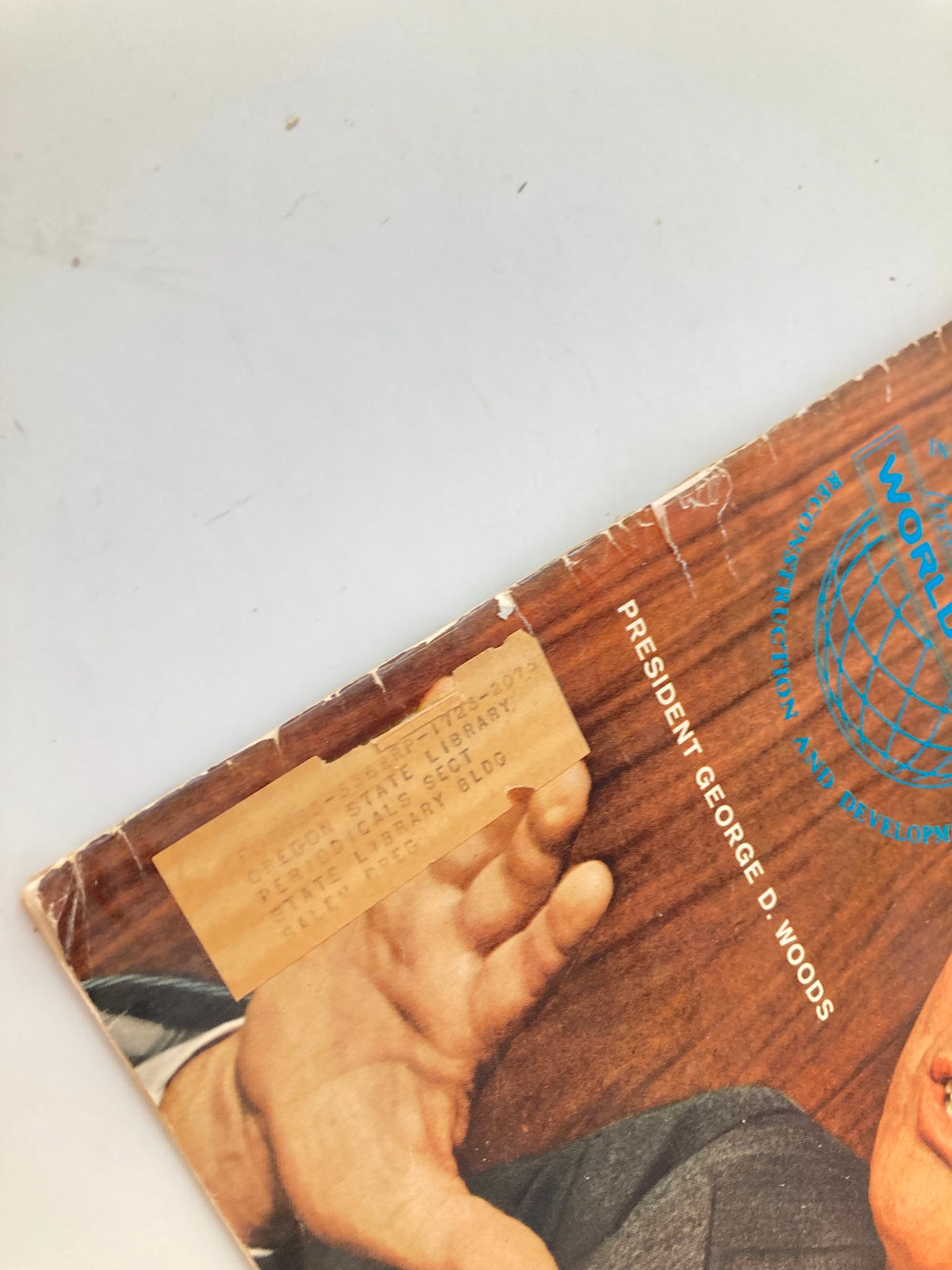 Detailed close-up of a label affixed to the cover of VTG Forbes Magazine December 15, 1963, indicating it was drawn from the Oregon State Library.