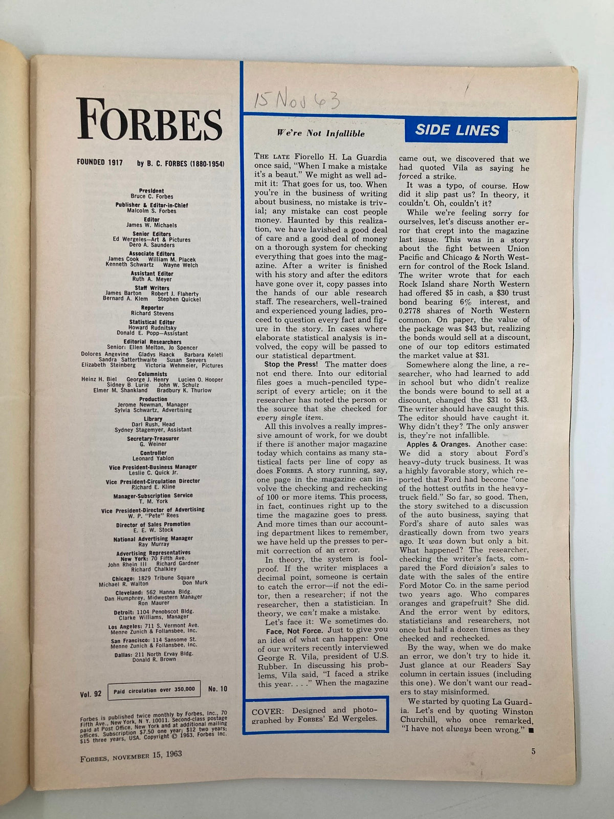Inside page of VTG Forbes Magazine November 15, 1963 displaying the magazine's editorial information and the title 'What Hope For The Hotel Business?'