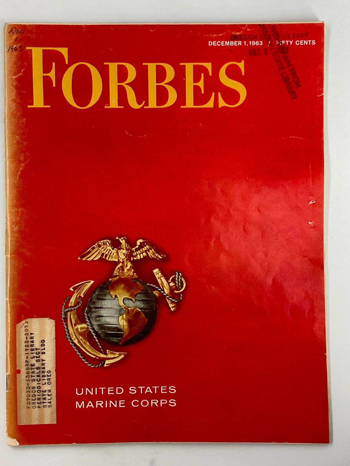 Cover of VTG Forbes Magazine December 1, 1963 featuring United States Marine Corps, showcasing the iconic red cover with an eagle globe emblem.