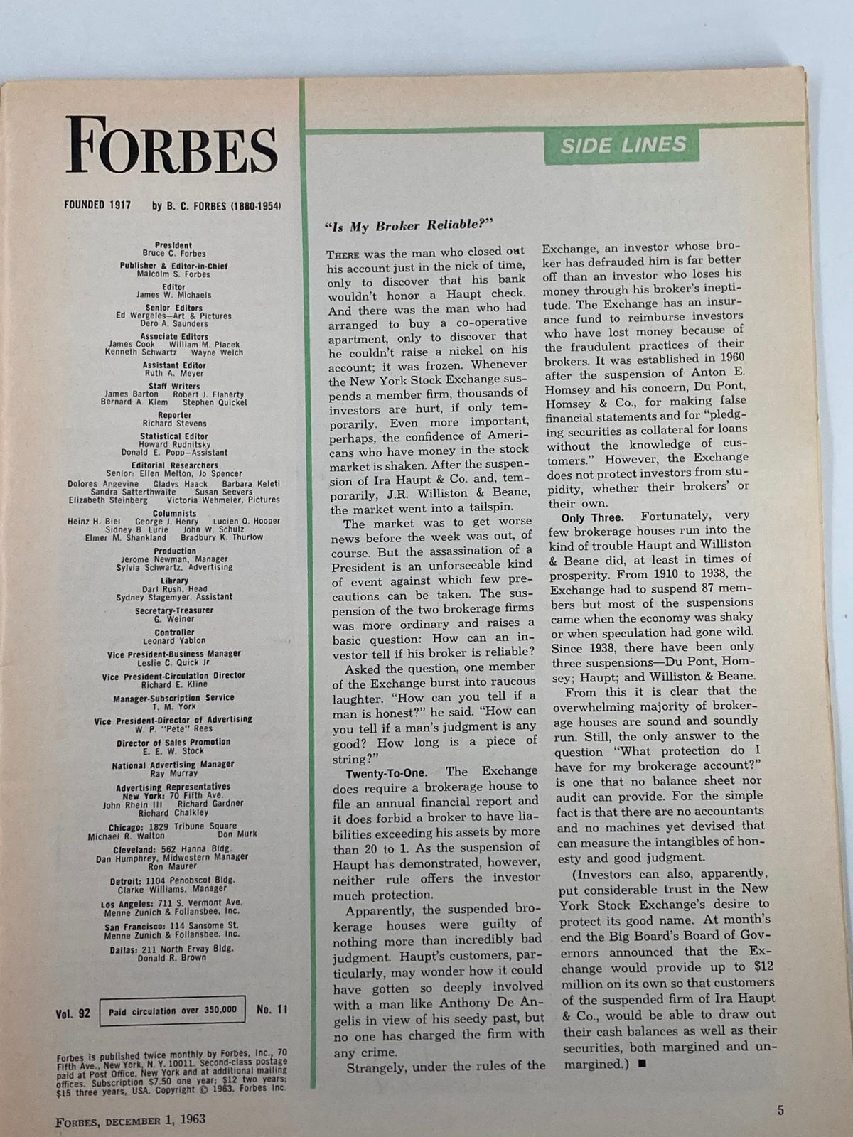 Interior page of VTG Forbes Magazine from December 1, 1963, featuring an article discussing broker reliability, highlighting the significance of the United States Marine Corps issue and its historical context.