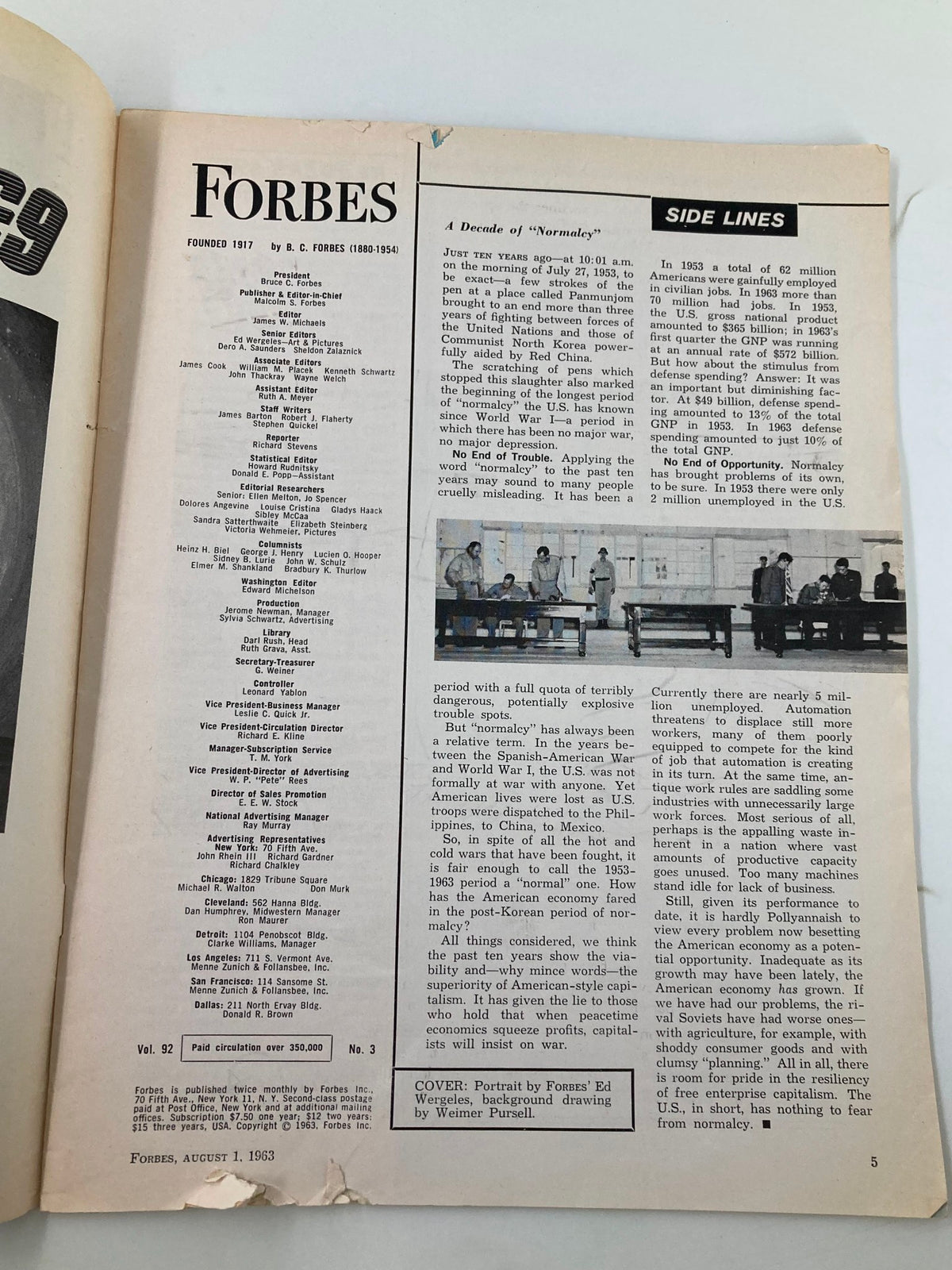 Inside view of VTG Forbes Magazine October 1 1963, displaying the table of contents and articles from the issue.