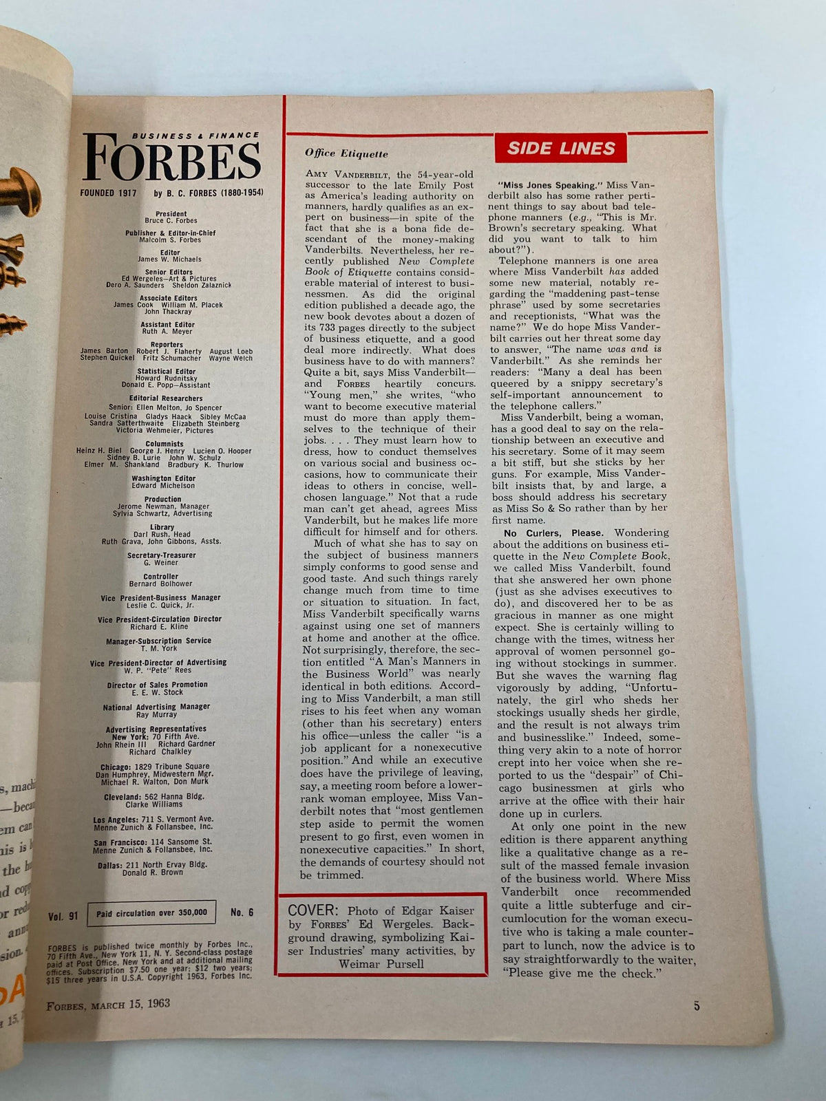 Interior page of the Vintage Forbes Magazine from March 15, 1963, containing editorial details and insights, with a cover photo description dedicated to Edgar Kaiser of Kaiser Industries.