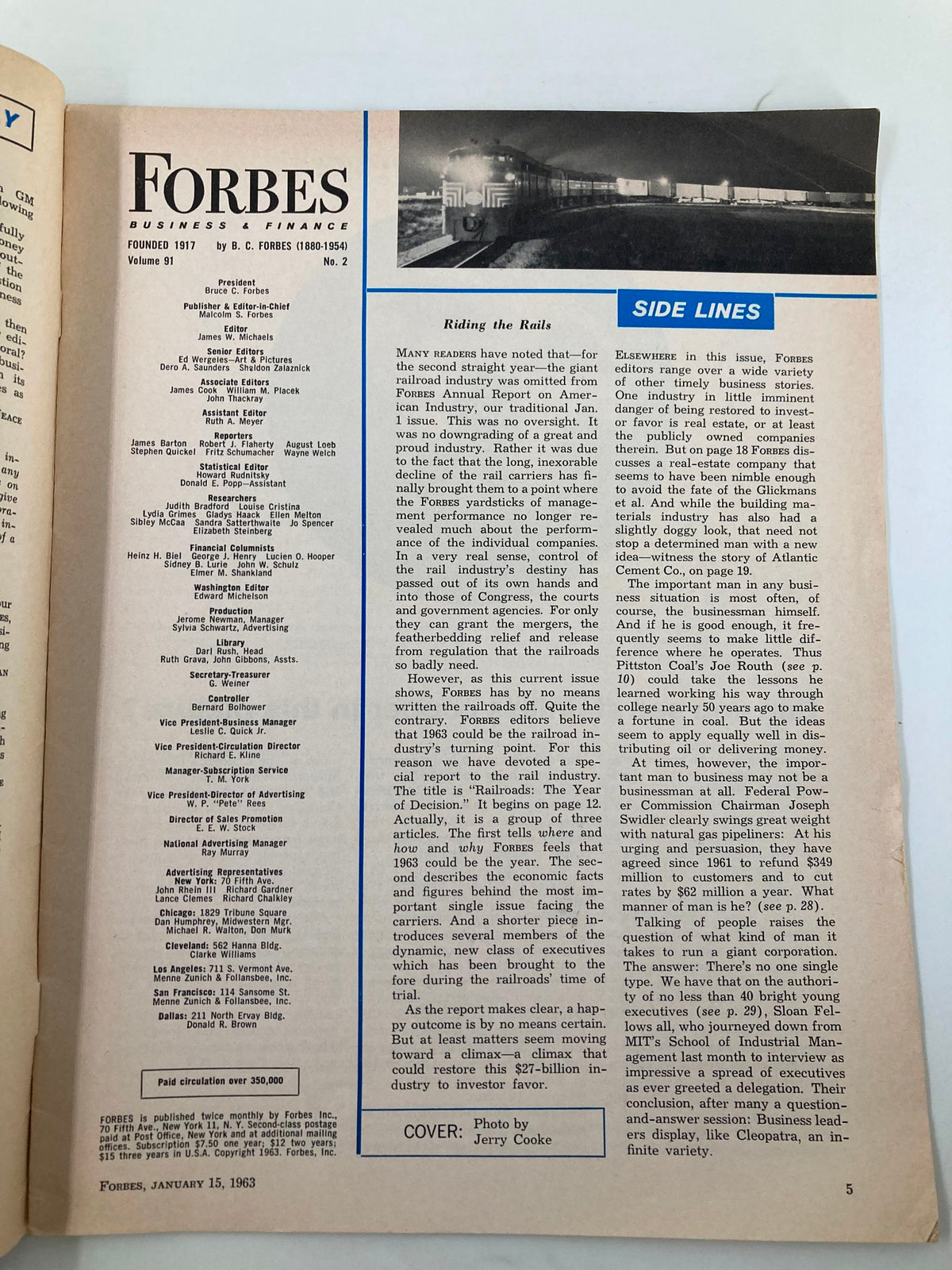 Inside page of Forbes Magazine, January 15, 1963, featuring the article 'Riding the Rails' about the railroad industry's challenges and developments during a pivotal year, showcasing the magazine's historic examination of transportation. The image includes editorial credits and a detailed analysis relevant to 'Railroads - Their Year of Decision'.