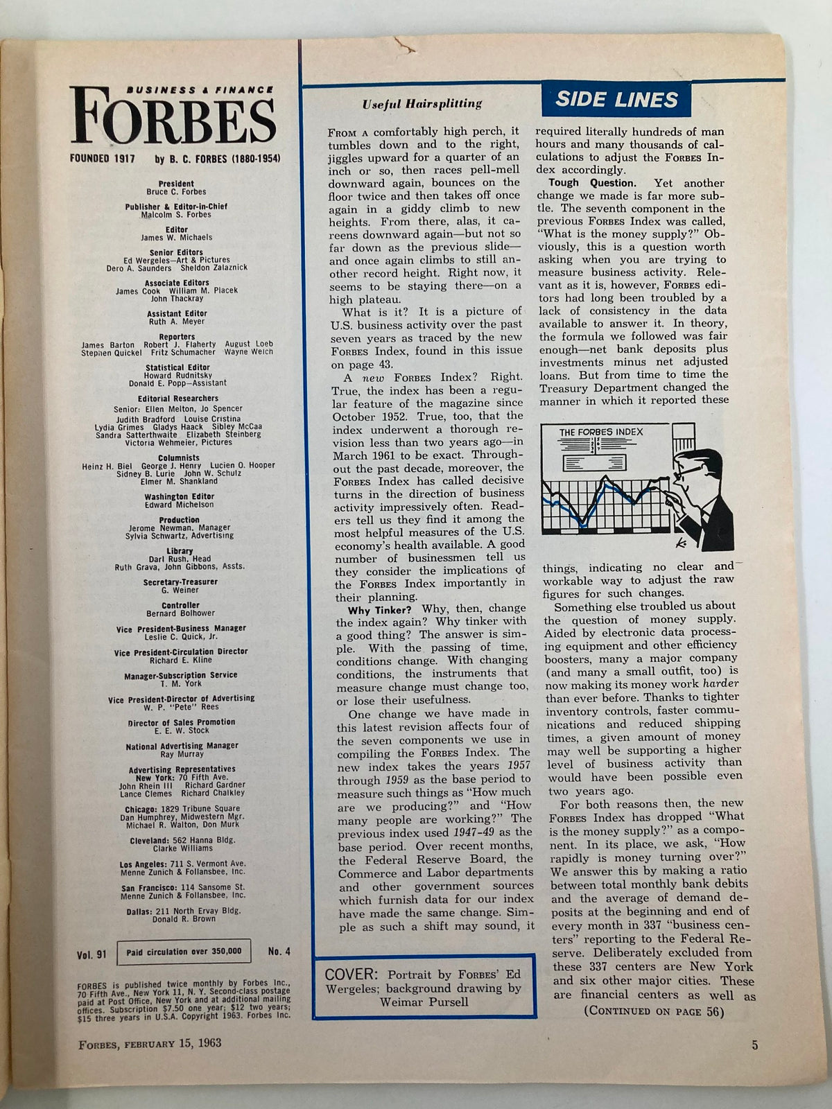 Interior page of VTG Forbes Magazine from February 15, 1963 featuring business articles and editorials. Showcases the magazine's layout and typography.