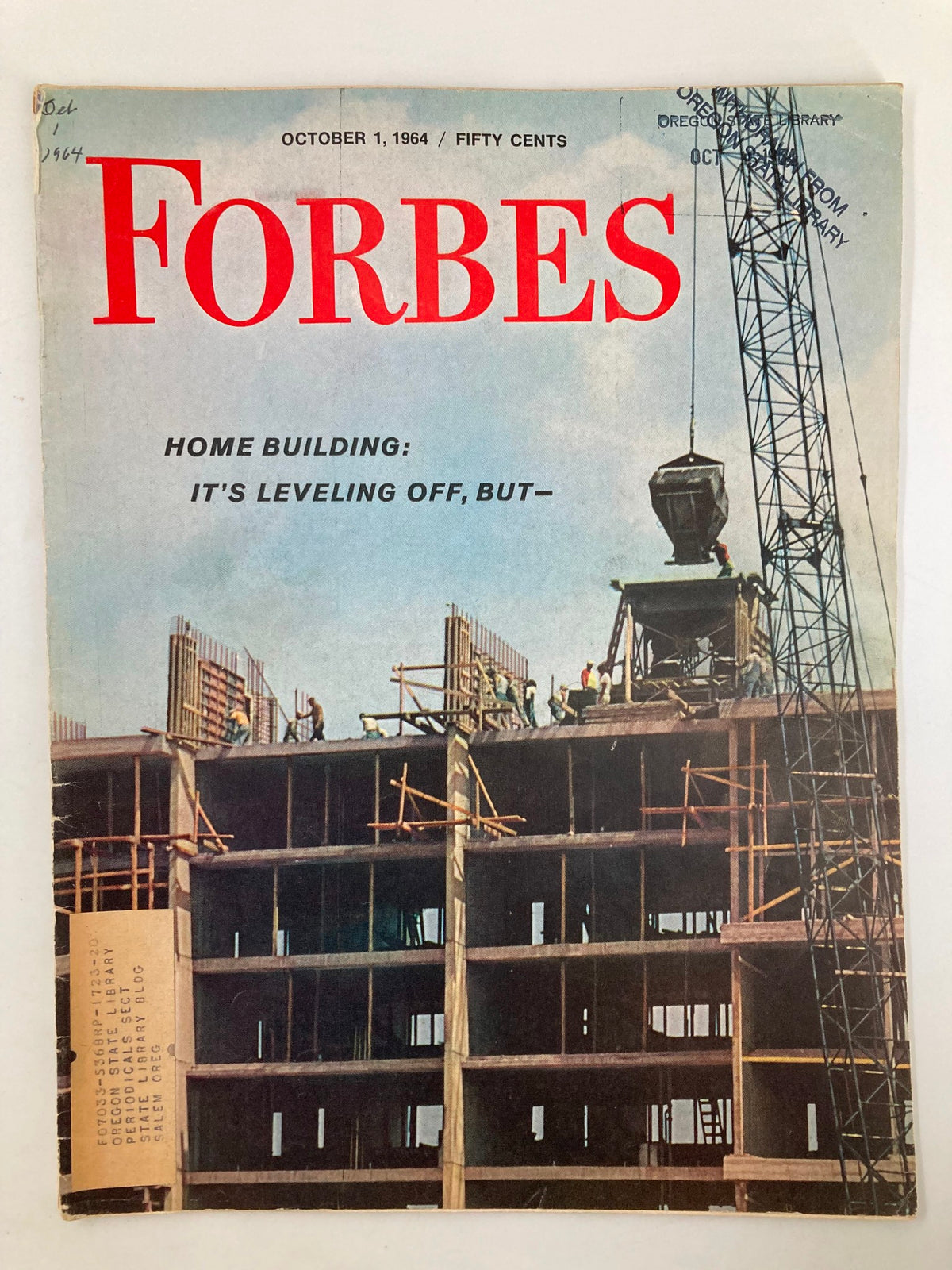 VTG Forbes Magazine October 1, 1964 cover featuring a construction site, with the title 'Home Building: It's Leveling Off But-' prominently displayed.