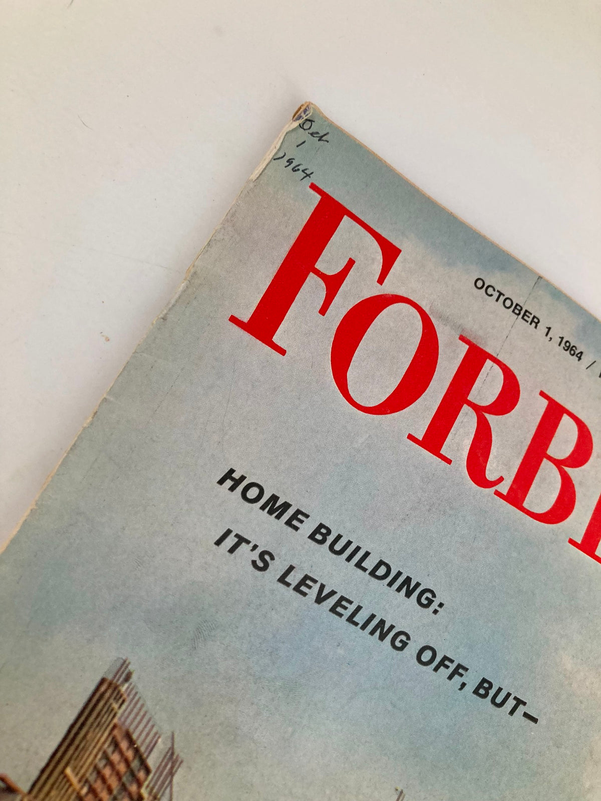 Another close-up of the VTG Forbes Magazine October 1, 1964 cover highlighting the publication date and article title about home building.
