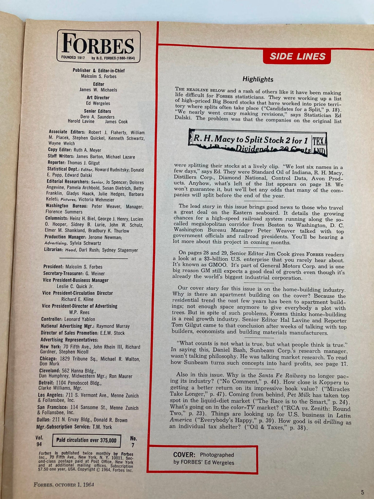 Inside page of the VTG Forbes Magazine October 1, 1964 displaying side lines and highlights from the magazine articles.