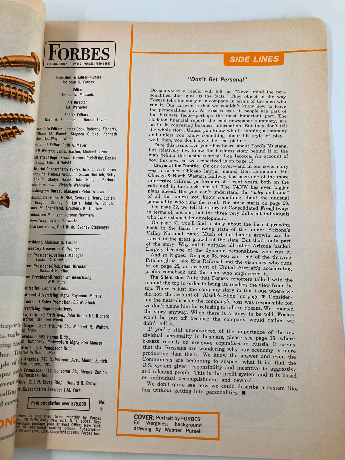 Interior page of VTG Forbes Magazine September 1, 1964, featuring the editorial section and insights about business, including references to Ben W. Heineman and the Chicago & North Western Railway.