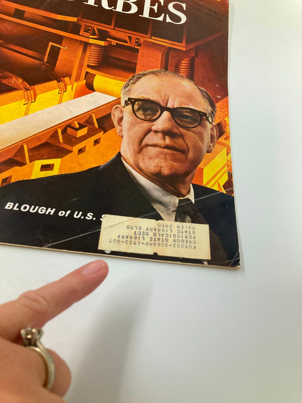 Close-up of the VTG Forbes Magazine August 1 1964 cover showing Roger Blough of U.S. Steel Corporation, with a library label indicating it was part of Oregon State Library.