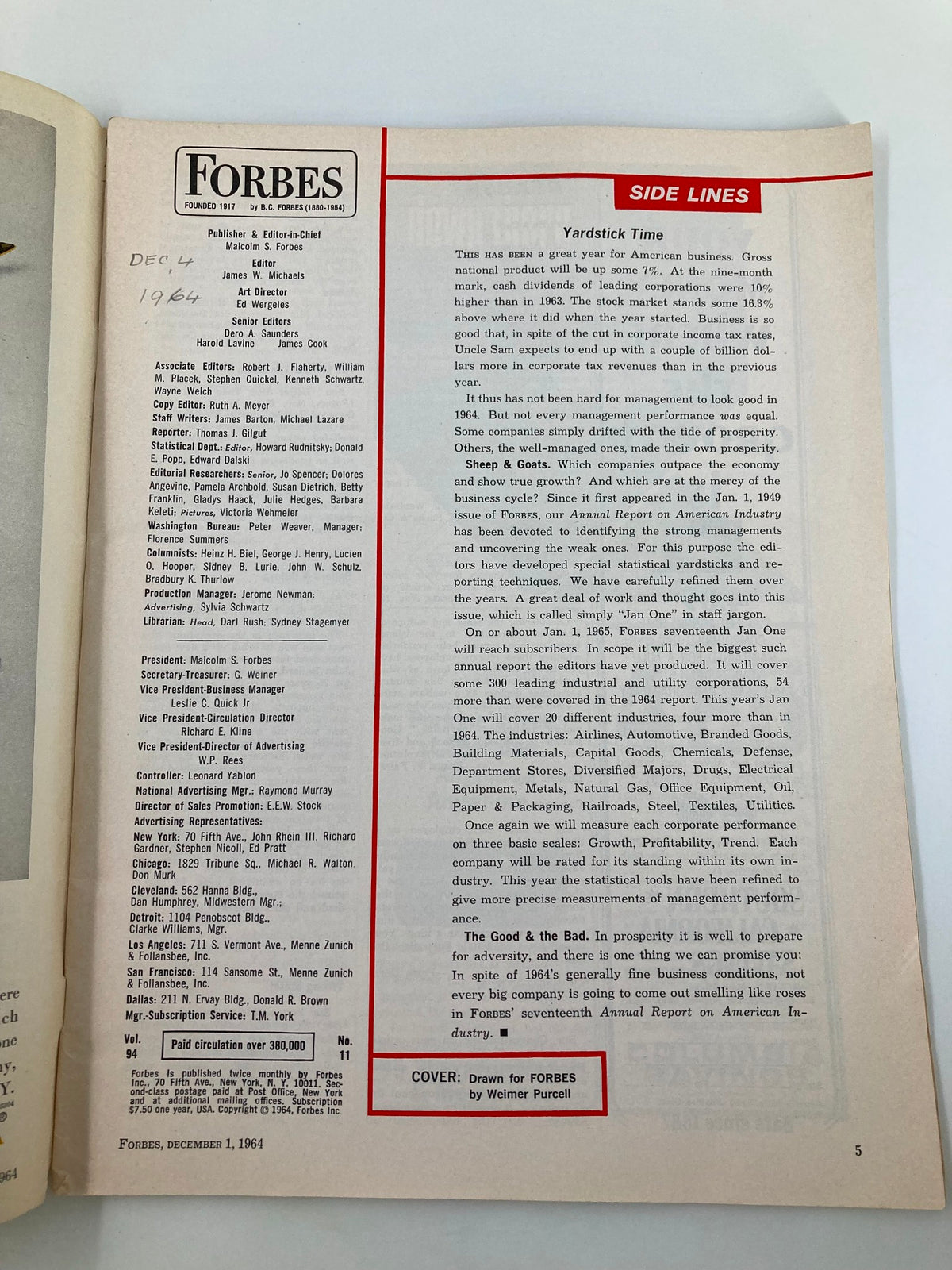 Inside page of VTG Forbes Magazine December 1 1964, displaying the magazine details and section titled 'Side Lines', illustrating the publication's historical context.