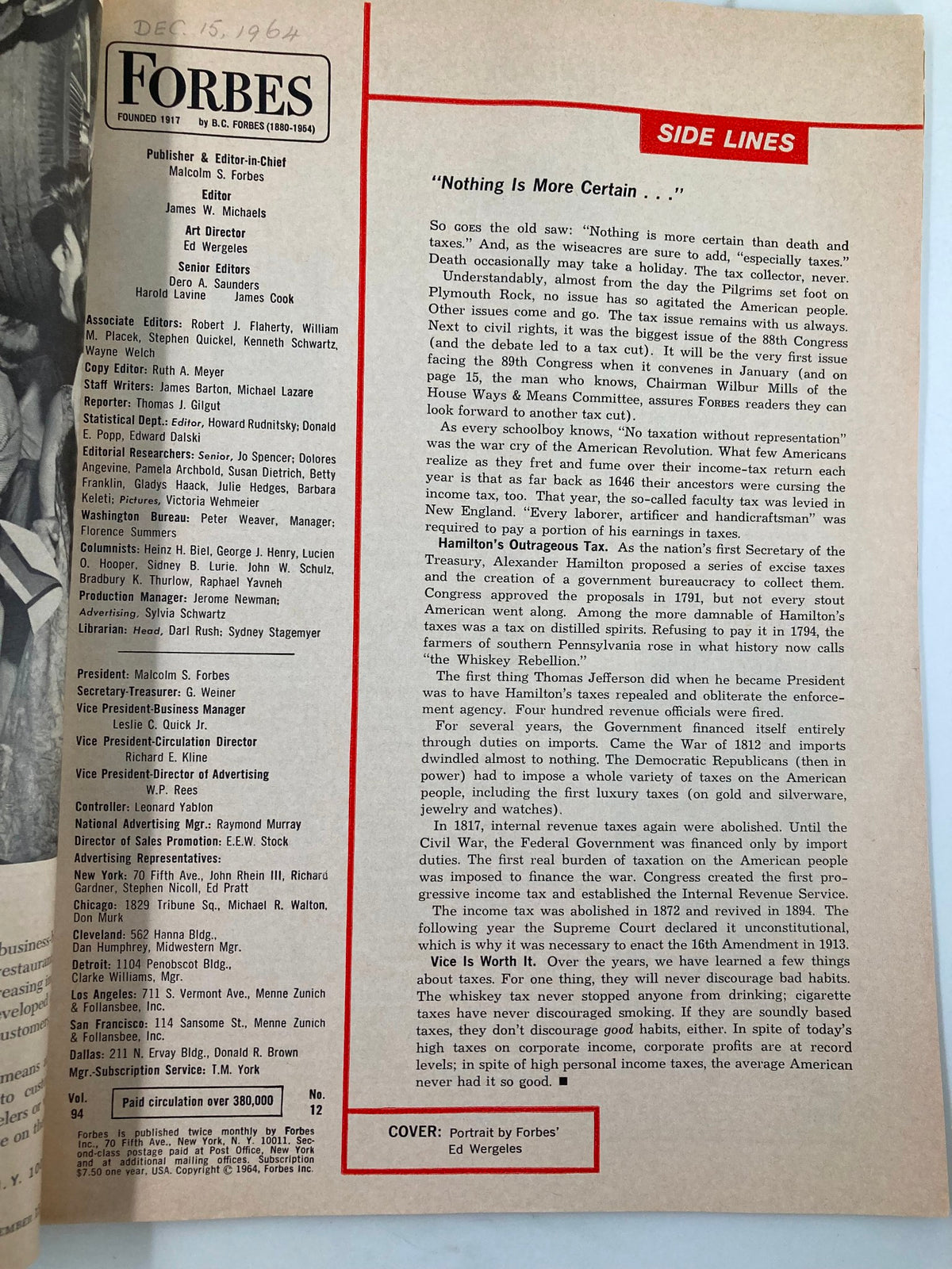 Interior page of the VTG Forbes Magazine December 15 1964, featuring editorial content and historical insights on taxation in America, including a mention of Chairman Wilbur Mills.