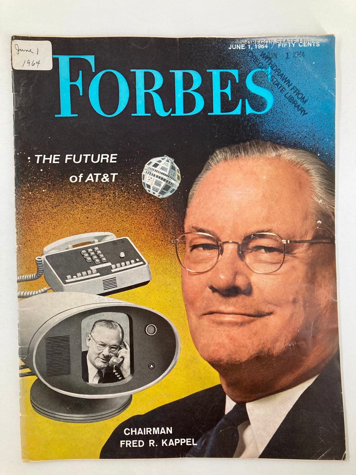 Cover of the vintage Forbes Magazine from June 1, 1964, featuring Fred R. Kappel and the article 'The Future of AT&T'. The cover displays a colorful design with illustrations of communication technology, including a telephone and a vintage video phone.