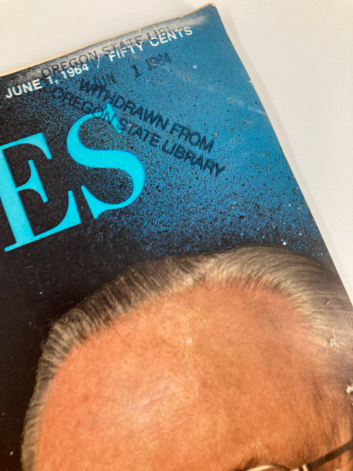 Top corner of VTG Forbes Magazine June 1 1964 featuring a library withdrawal stamp and publication date.