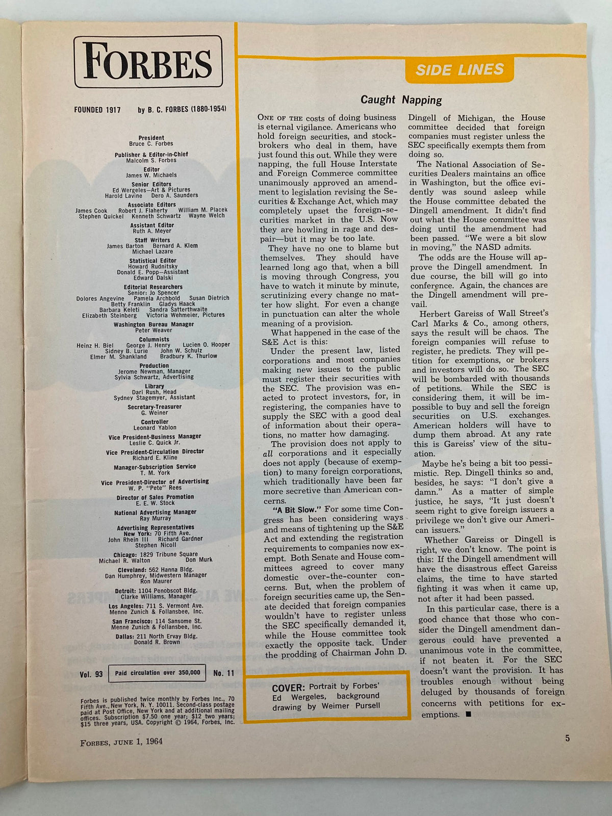 Inside page of VTG Forbes Magazine June 1 1964 highlighting editorial content and design details.