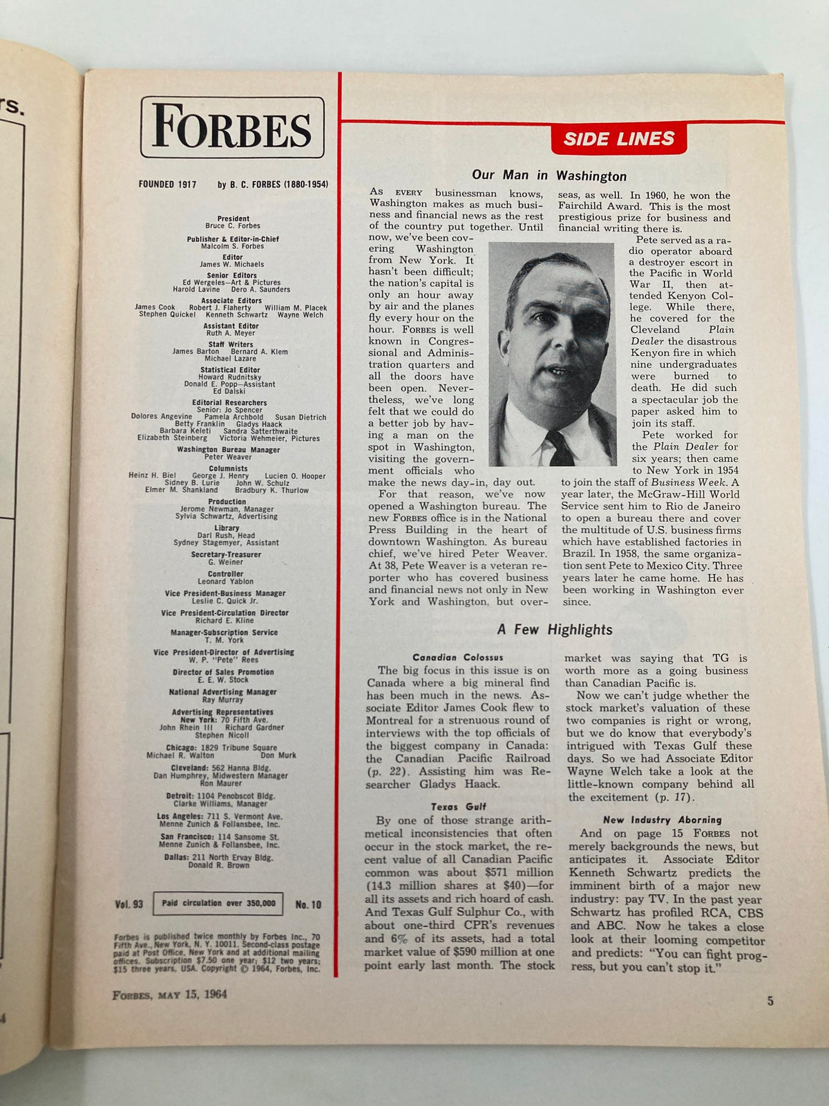Inside page of the vintage Forbes Magazine from May 15, 1964, including editorial content and features related to business, highlighting Norris Crump's Canadian Pacific.