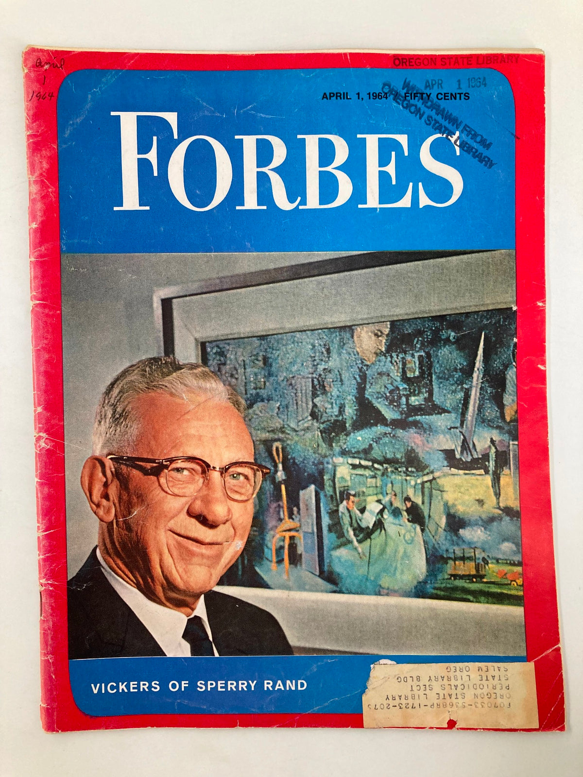 VTG Forbes Magazine April 1 1964 Vickers of Sperry Rand displaying the cover featuring a man in glasses and a corporate art background.