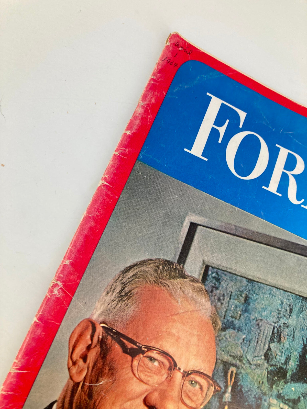 VTG Forbes Magazine April 1 1964 Vickers of Sperry Rand showing a close-up of the magazine cover with wear and tear indicating its vintage nature.