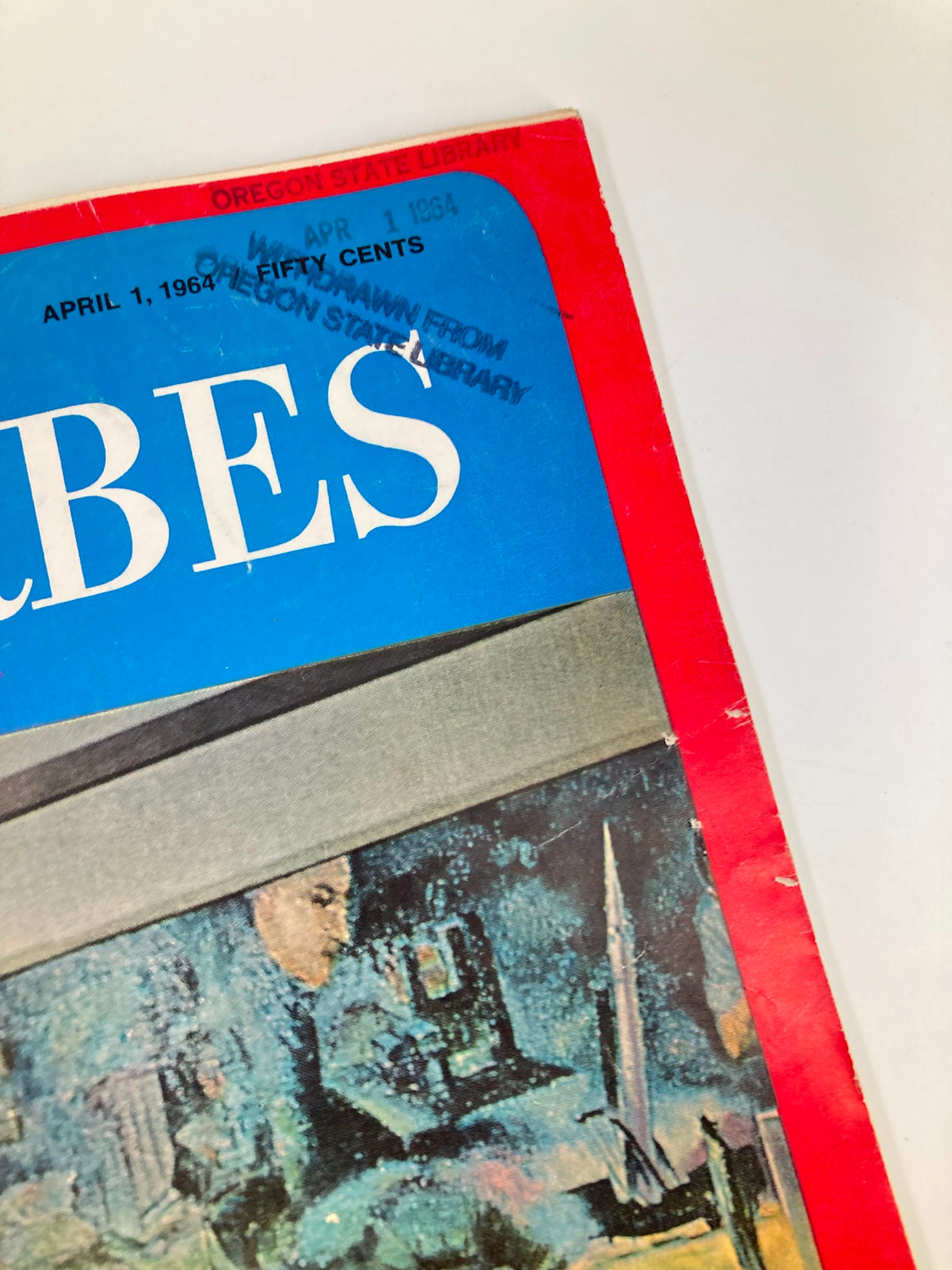 VTG Forbes Magazine April 1 1964 Vickers of Sperry Rand featuring a close view of the cover with library markings and dates, emphasizing its historical significance.