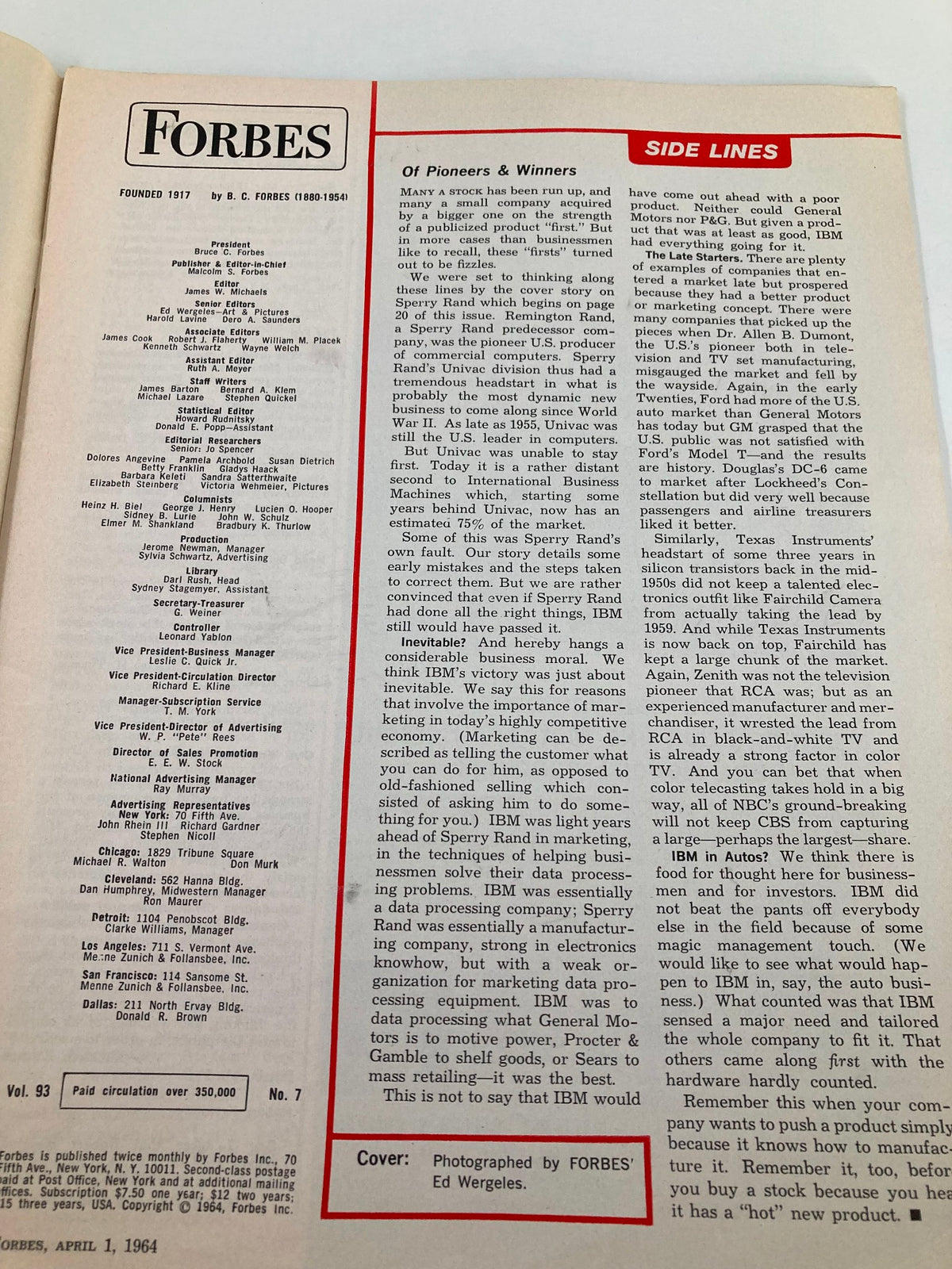 VTG Forbes Magazine April 1 1964 Vickers of Sperry Rand displaying an interior page with text discussing business themes and innovations from the 1960s.