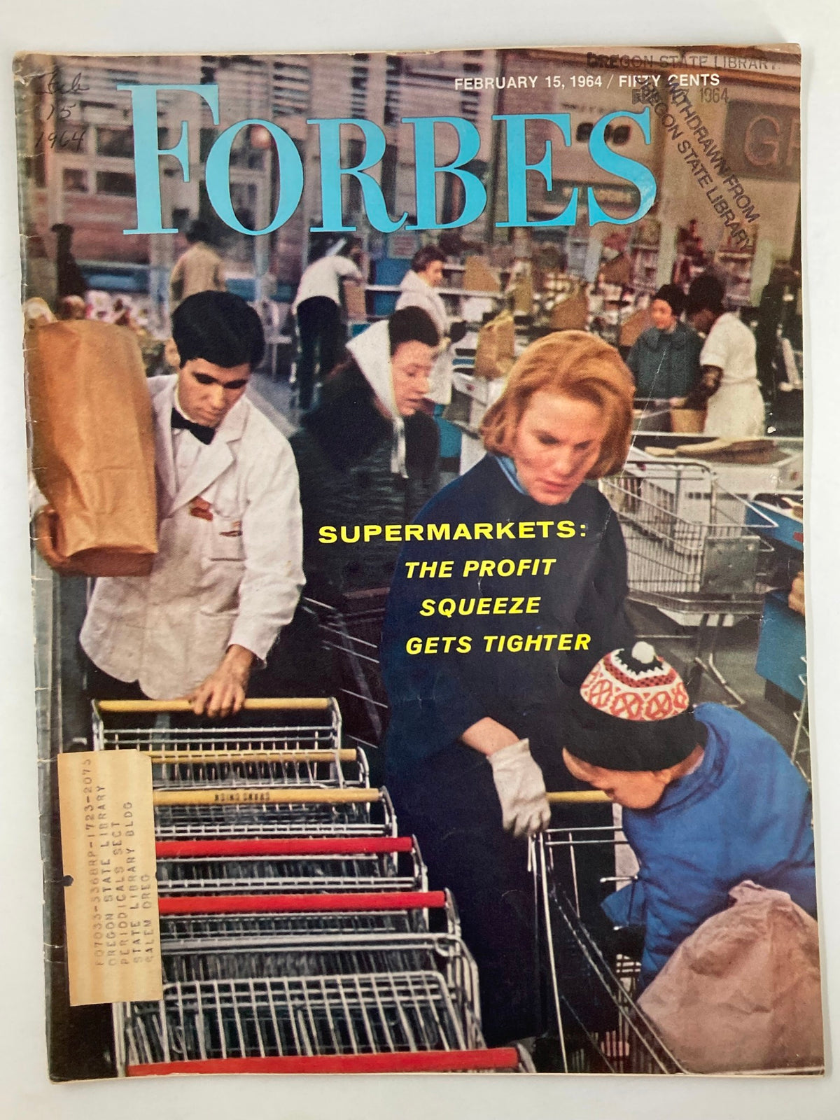 VTG Forbes Magazine February 15 1964 cover featuring a bustling supermarket scene with shoppers and cashiers, highlighting the article 'Supermarkets: The Profit Squeeze Gets Tighter'.