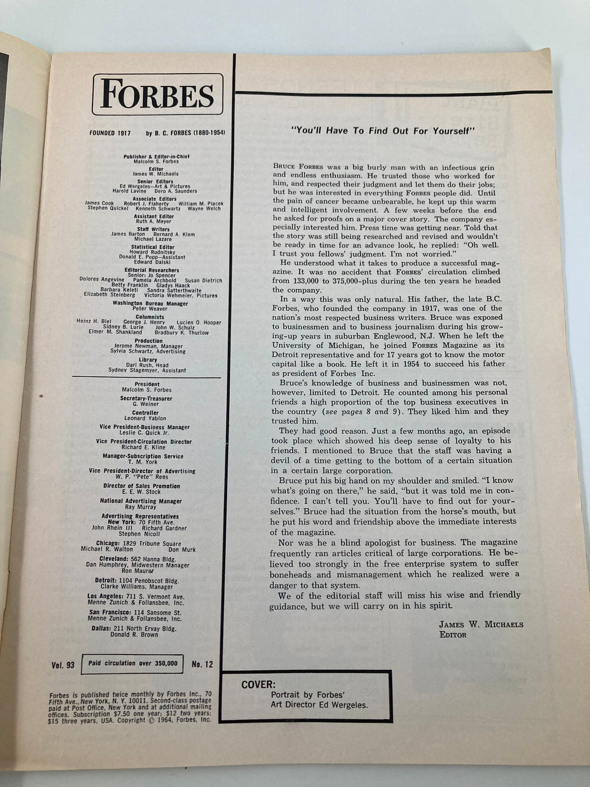 Interior page of VTG Forbes Magazine June 15, 1964 featuring the editorial section, giving insight into the publication's background and editorial staff.