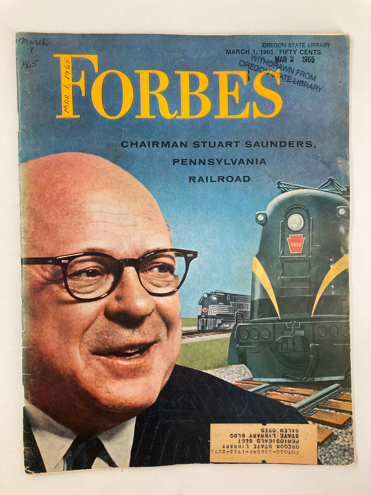 Historic cover of VTG Forbes Magazine dated March 1, 1965, featuring Chairman Stuart Saunders of the Pennsylvania Railroad, showcasing the intersection of business leadership and American rail transport with a vibrant illustration of a train in the background.