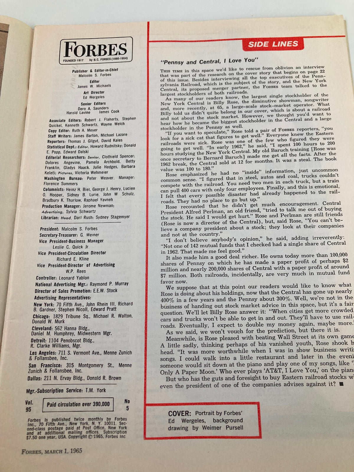 Inside page of VTG Forbes Magazine March 1, 1965, listing editorial and subscription details, emphasizing its historical significance.