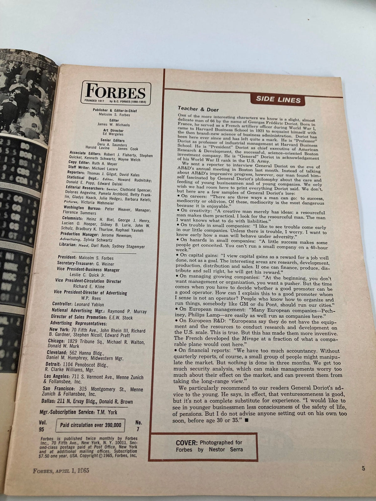 Interior page of VTG Forbes Magazine April 1 1965 showcasing publication details and editorial credits.